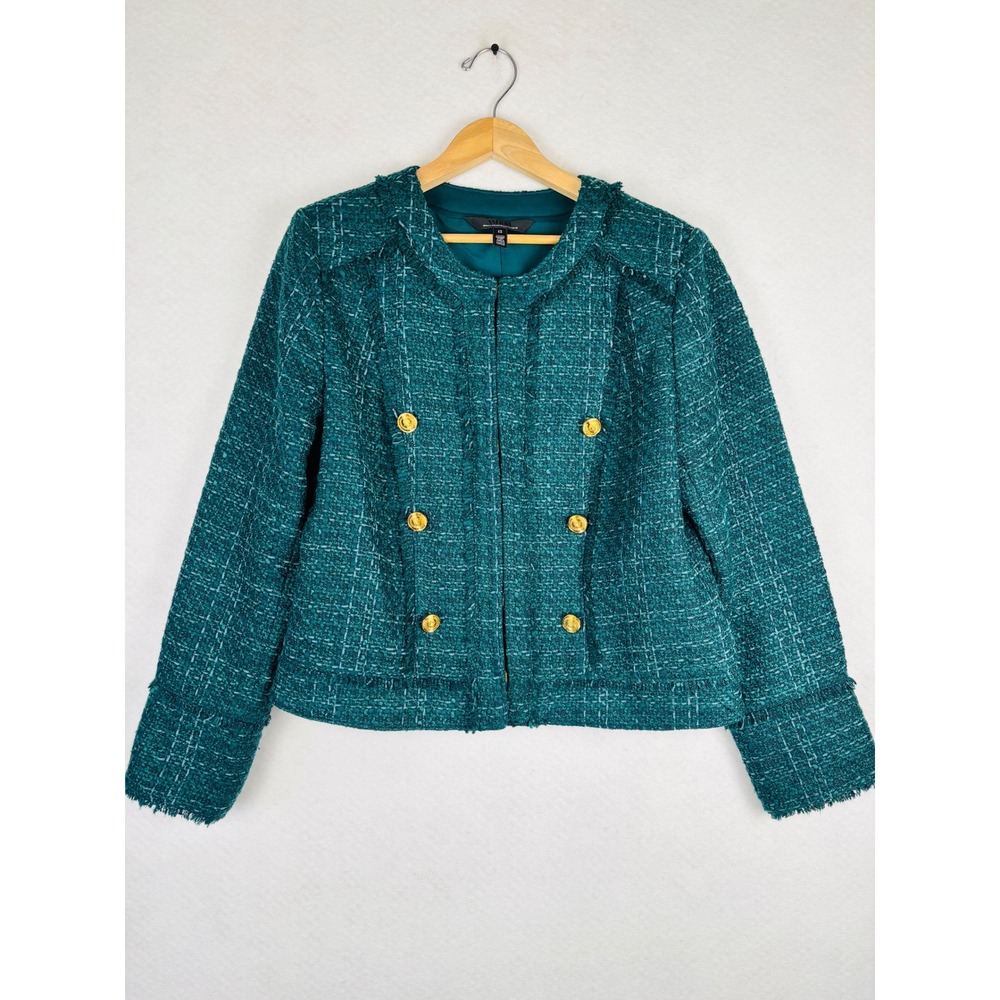 WHBM Tweed Blazer Sz 12 Teal Boucle Double Breasted Gold Button Office Career